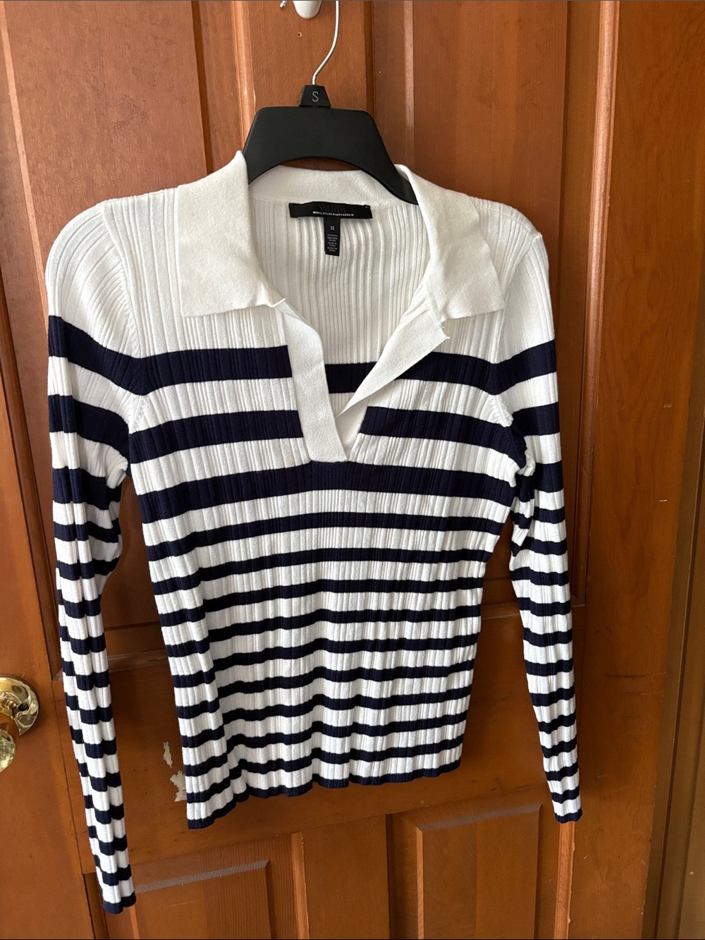 White House Black Market Striped Ribbed Polo Sweater - White & Navy